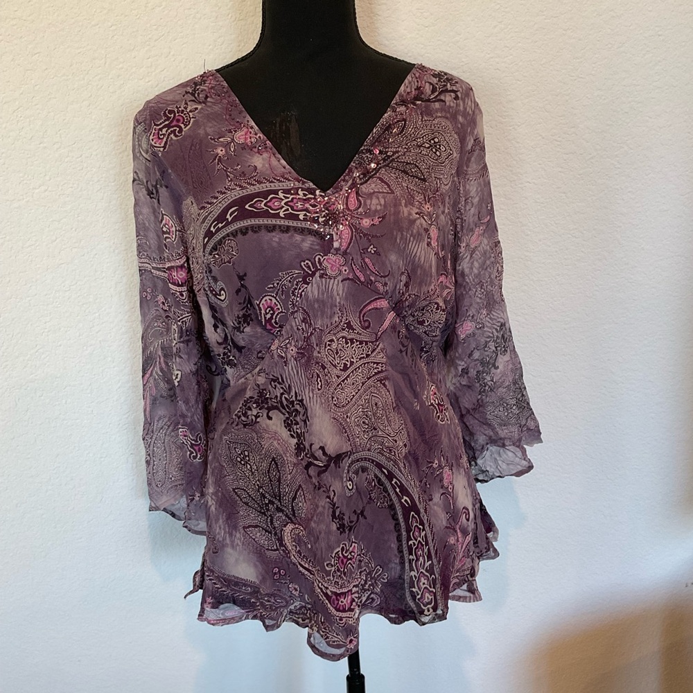 Purple and pink paisley blouse with 3/4 sleeves
